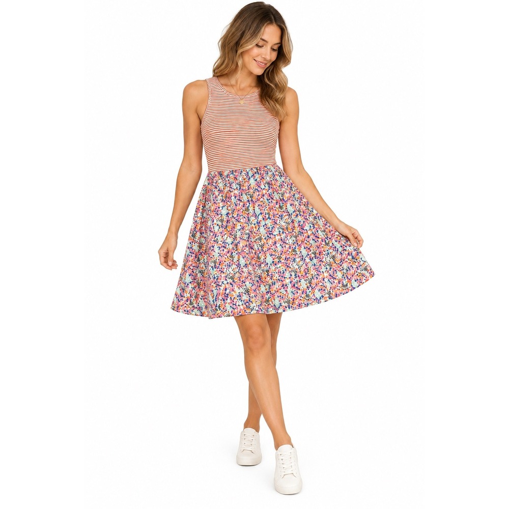 Pact Organic Cotton Striped Floral Fit & Flare Dress Sleeveless Pockets Small